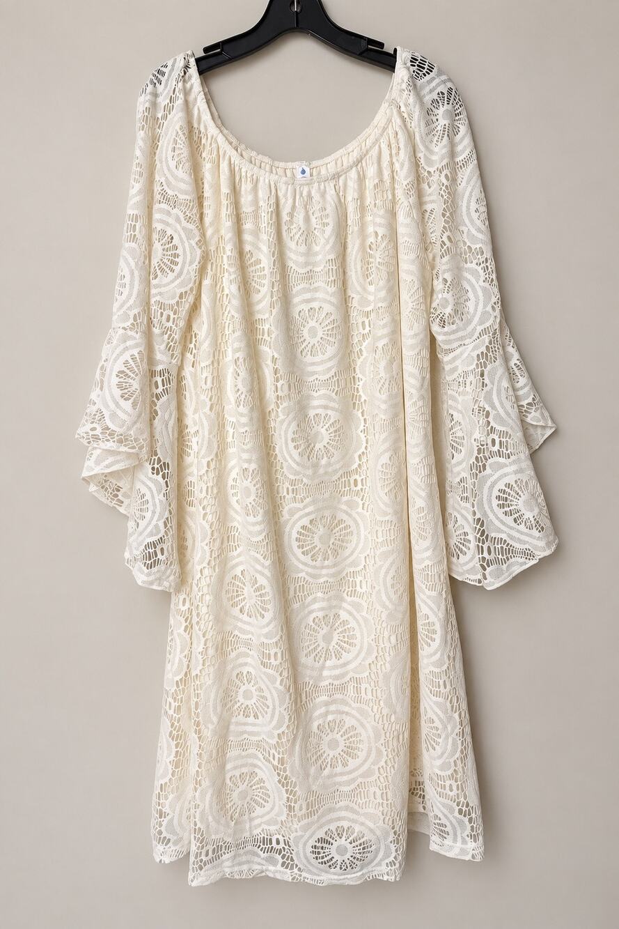 Paisley Grace XL Ivory Crochet Lace Bell Sleeve Tunic Dress Boho Made USA
